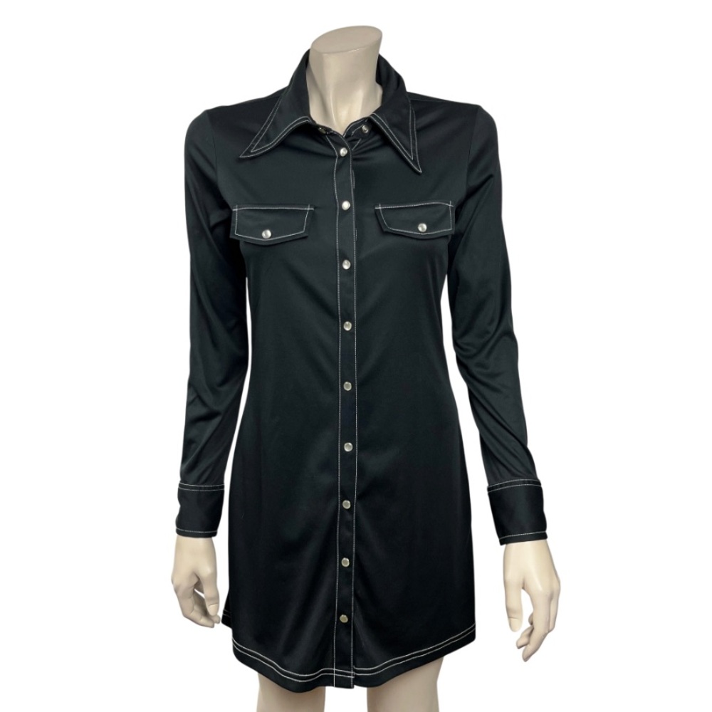 Vintage 90s XOXO Black Pearl Snap Front Shirt‎ Dress